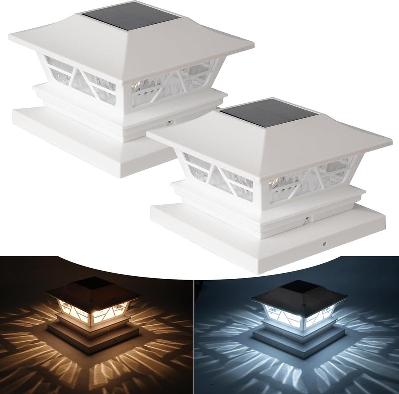 TW SHINE 2 Pack Solar Outdoor Fence Post Lights, 2 Modes Post Cap Lights Waterproof Warm White/Cool White for Yard, Garden, Porch, Patio Decor, for 4x4 5x5 6x6 Wood Posts, White - Image 1